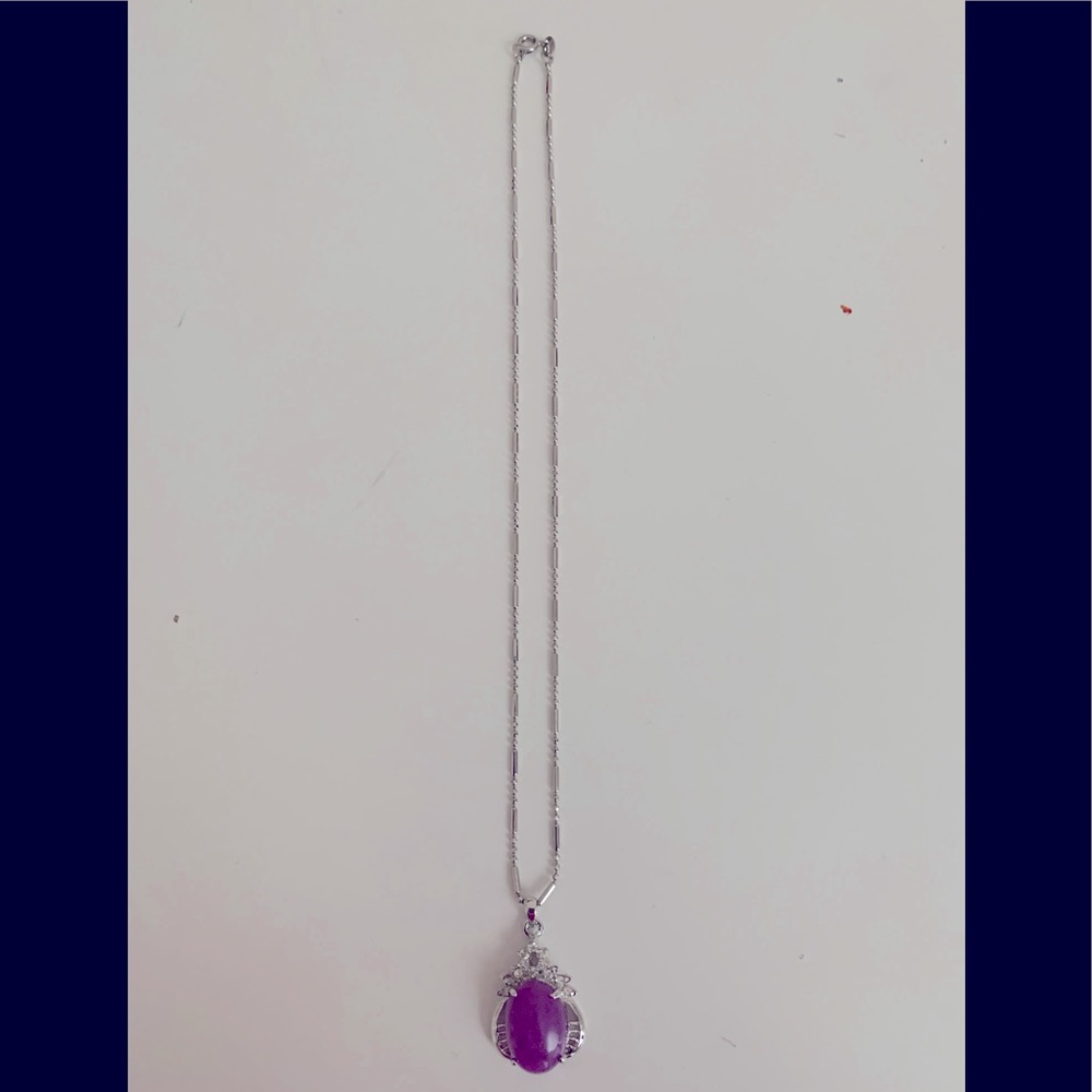 Excellent Condition Sterling SilverPurple Jade Pendant with CZ, 17 ins chain